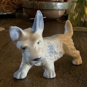 Vintage ceramic blue and white scottie dog figurine made in Japan